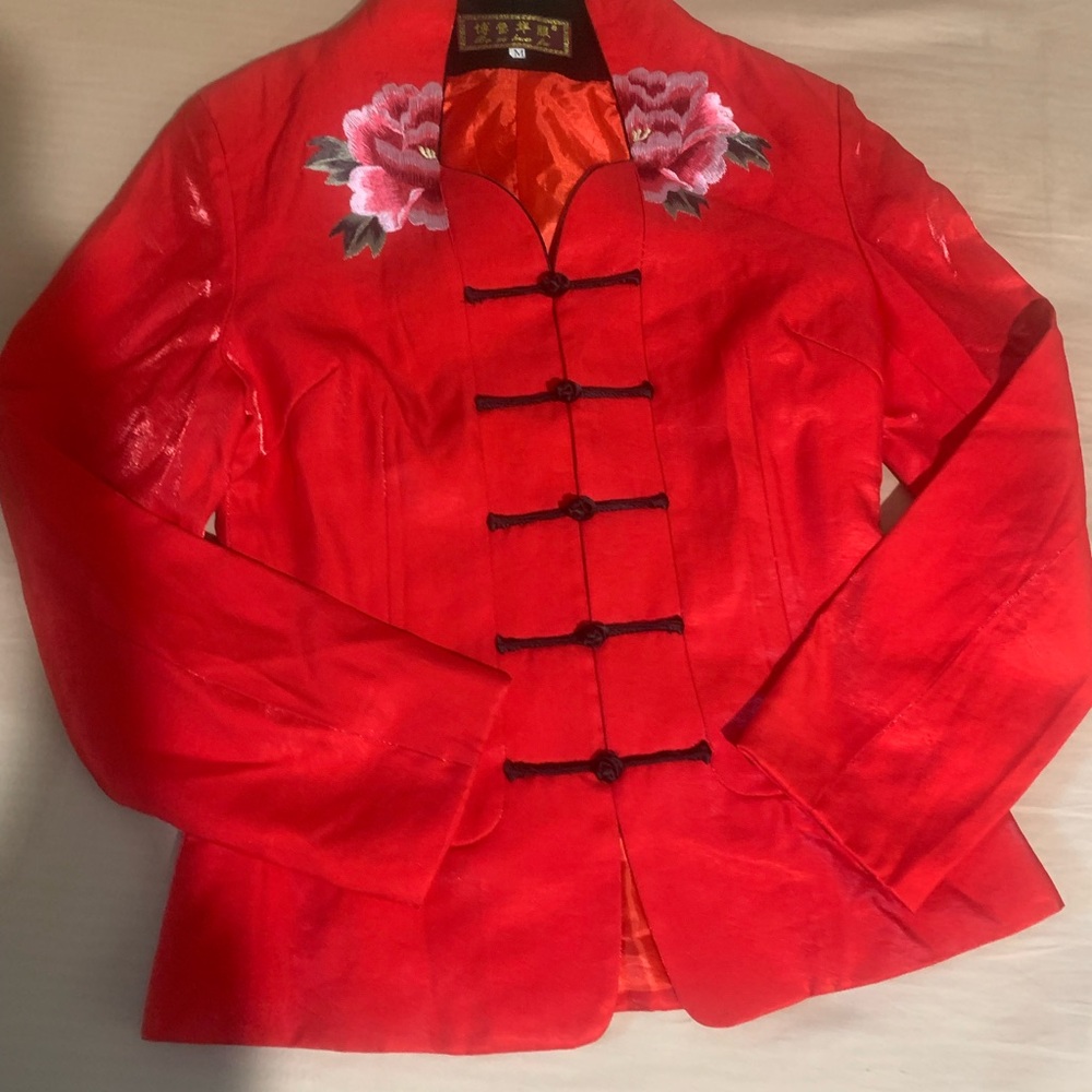 Elegant Red Floral Embroidered Jacket traditional Asian style